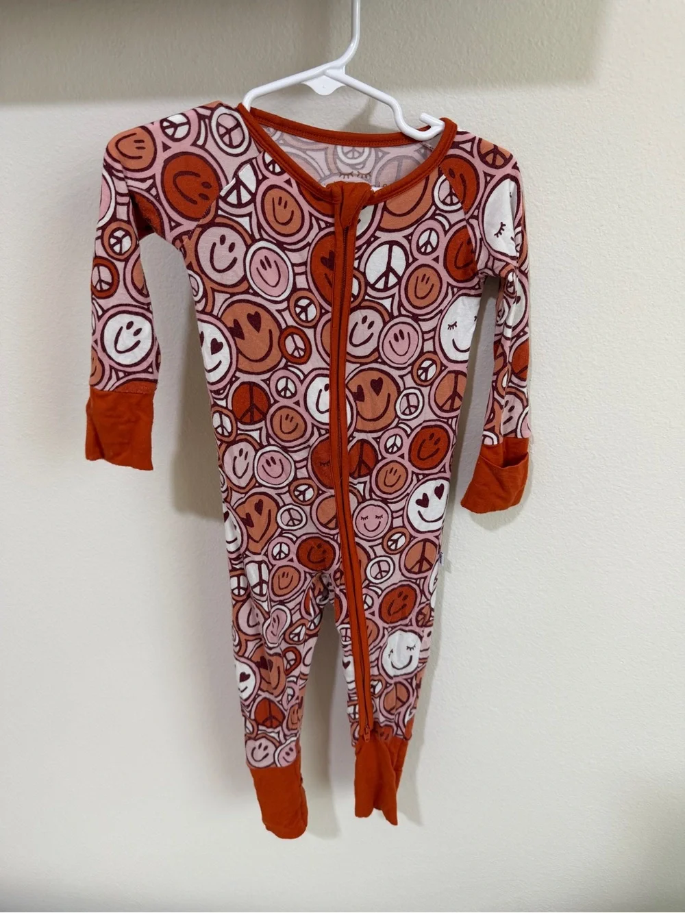 Little Sleepies Rust & Pink Smiley Peace Sign Footie Pajamas